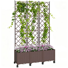 Outsunny Plastic Raised Planter with Trellis, Self Watering Raised Bed for Garden with Wheels, Drainage Holes and Plugs