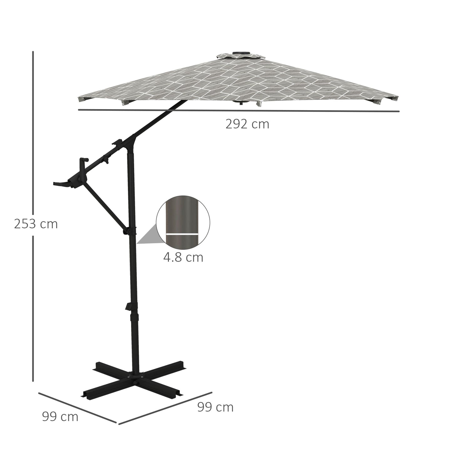 Outsunny 3(m) Convertible Cantilever Parasol and Centre-post Garden Parasol with Cross Base, 360Â° Rotation Banana Parasol with Crank Handle and 8 Ribs, Hanging Patio Umbrella, Black and White