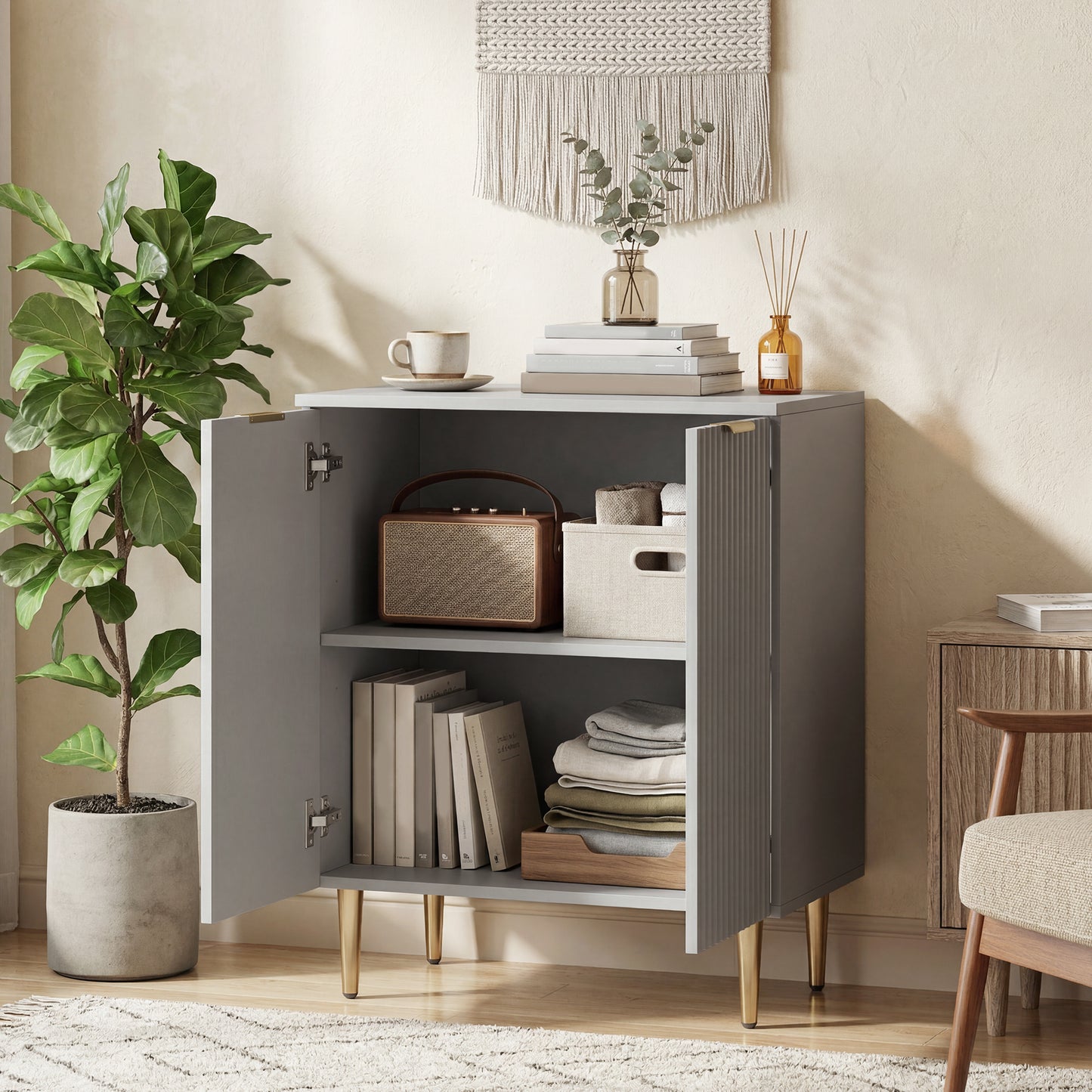 HOMCOM Sideboard Buffet Cabinet, Modern Kitchen Storage Cabinet with Adjustable Shelf and Metal Legs, Grey