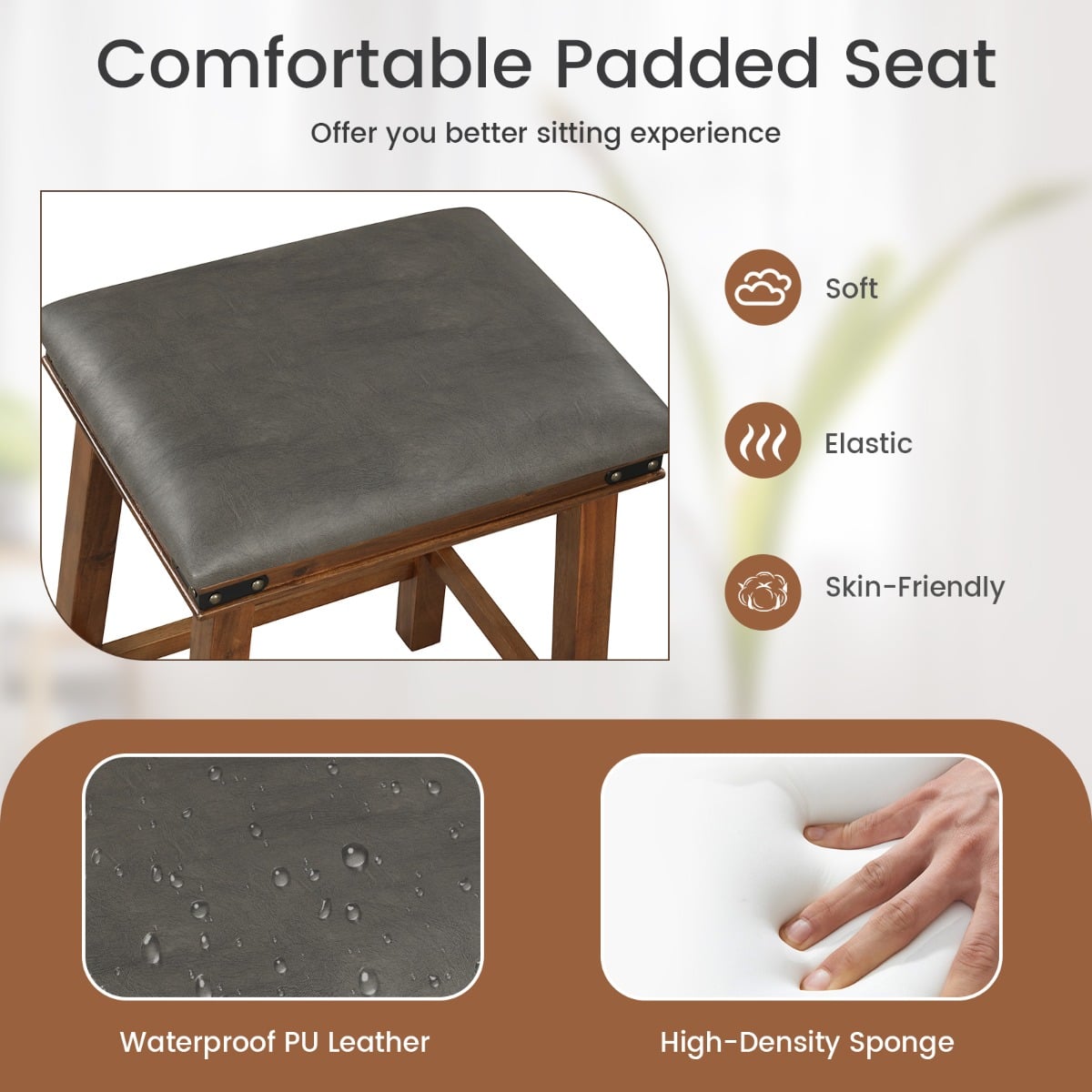 Set of 4 62 cm Height Upholstered Backless Bar Stools with PU Leather Padded Seat-Brown