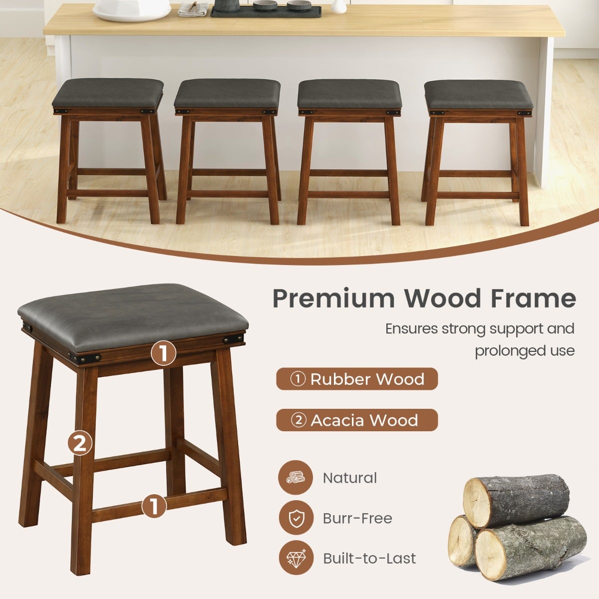 Set of 4 62 cm Height Upholstered Backless Bar Stools with PU Leather Padded Seat-Brown
