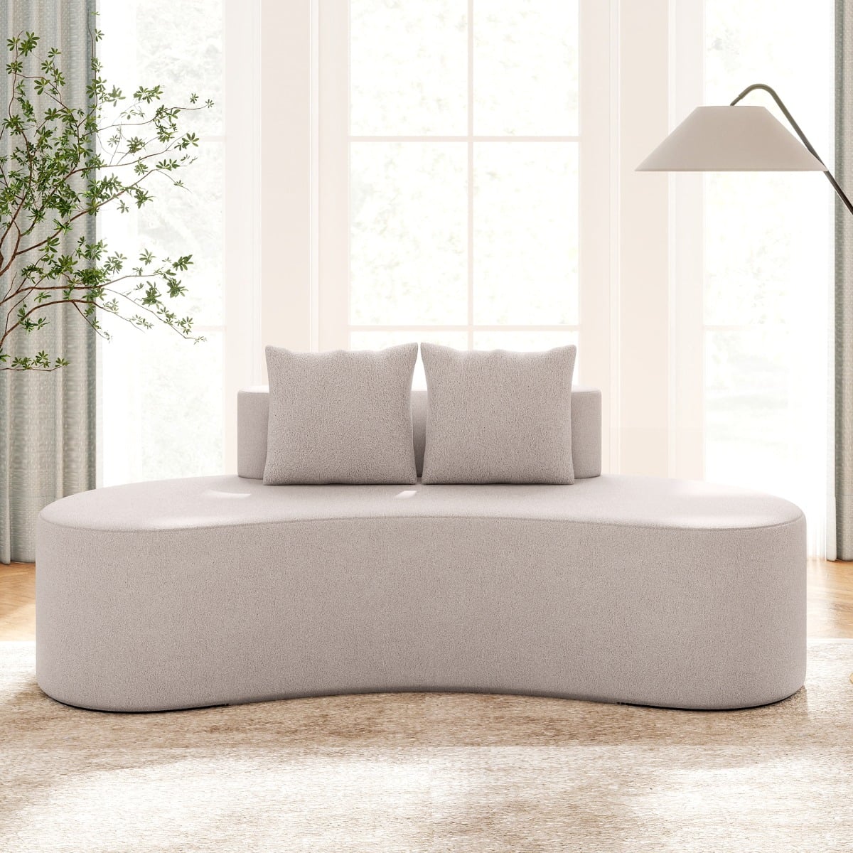 Upholstered Curved Sofa with 2 Cozy Pillows and Low Backrest-Grey