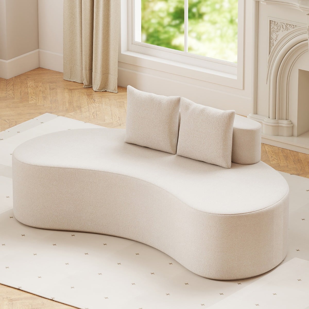 Upholstered Curved Sofa with 2 Cozy Pillows and Low Backrest-Beige