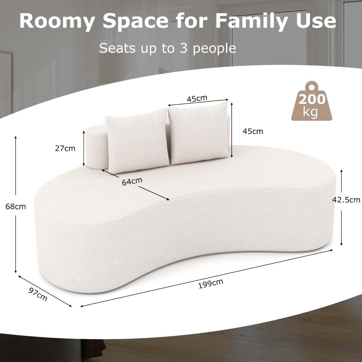 Upholstered Curved Sofa with 2 Cozy Pillows and Low Backrest-Beige