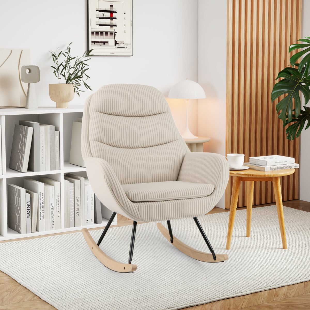 Upholstered Rocking Chair Nursery Glider Rocker with Padded Backrest-Beige