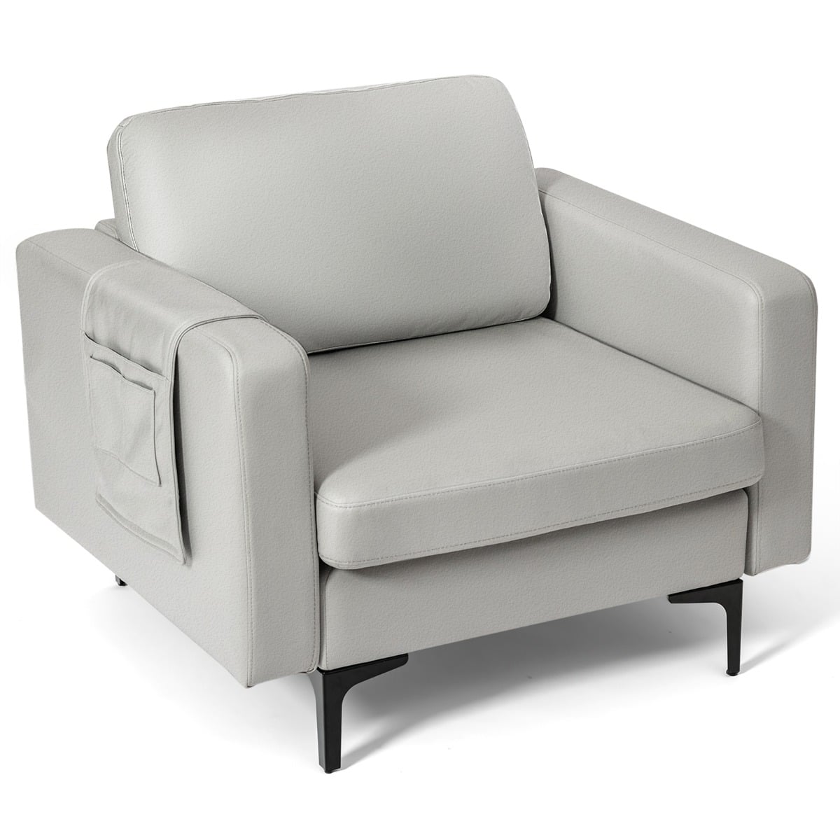 Upholstered Single Sofa Chair with Magazine Caddy Holder and Metal Legs-Grey