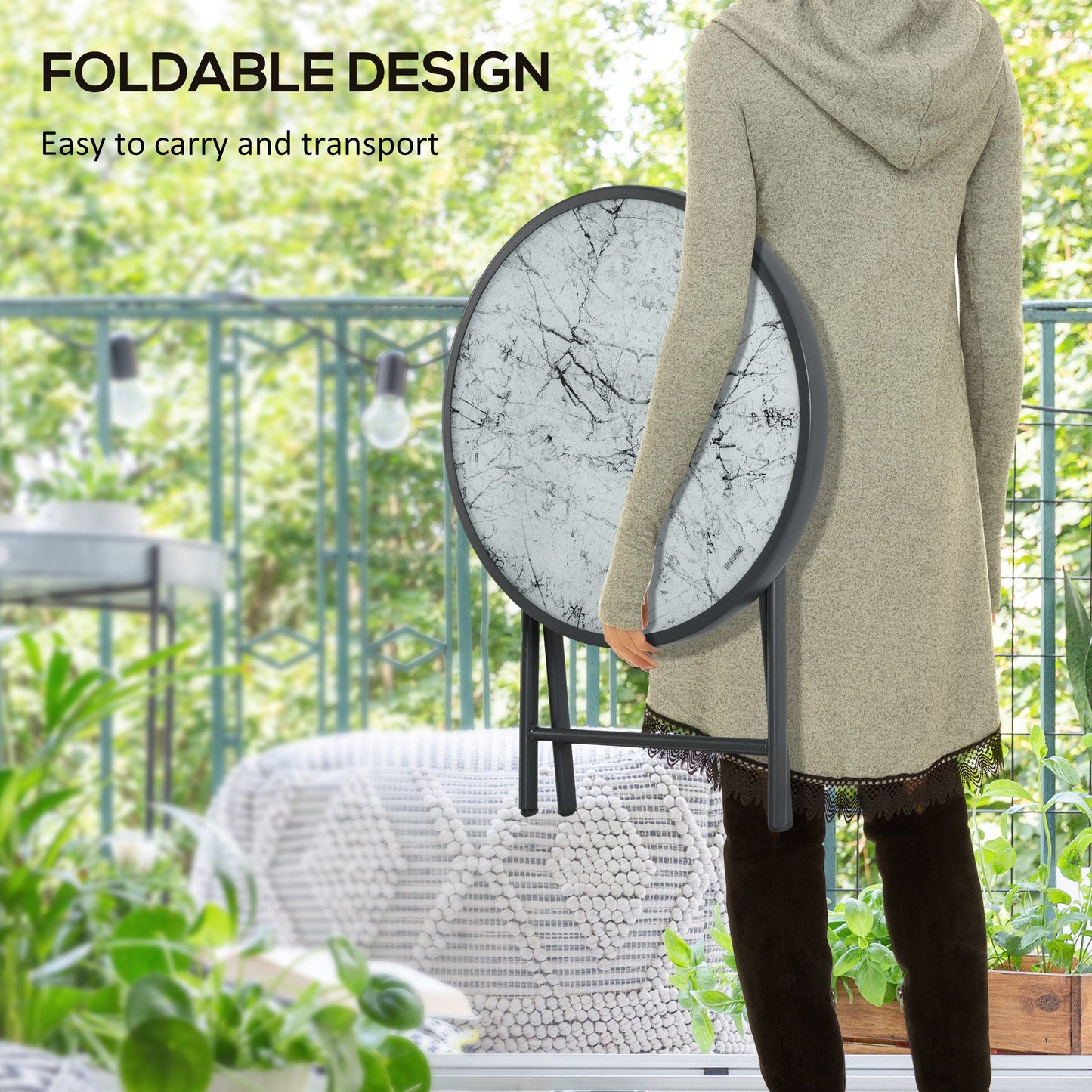 Outsunny â45cm Garden Side Table, Outdoor Round Folding Patio Table with Imitation Marble Glass Top, Small Coffee Table, White