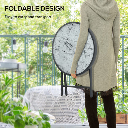 Outsunny â45cm Garden Side Table, Outdoor Round Folding Patio Table with Imitation Marble Glass Top, Small Coffee Table, White