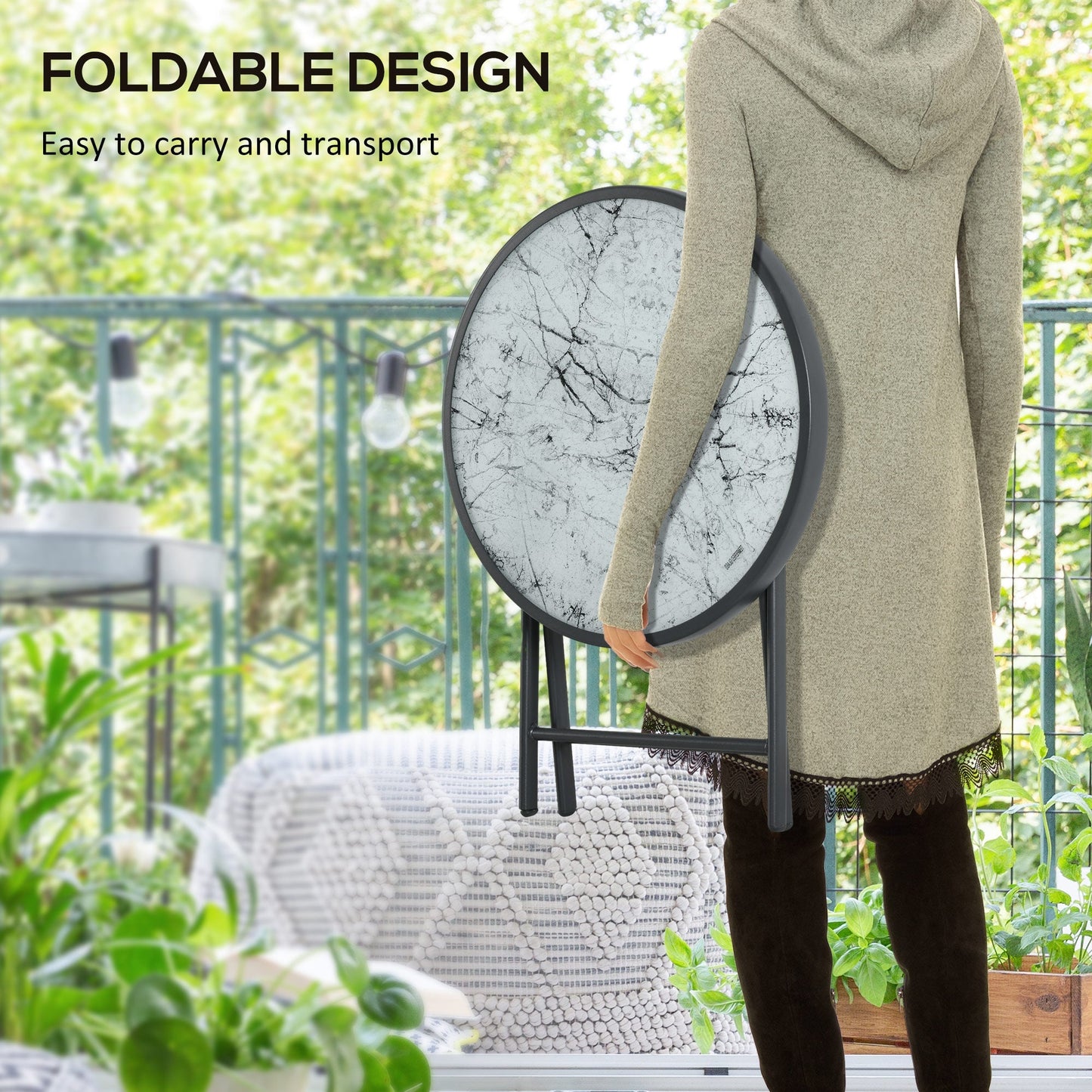 Outsunny â45cm Garden Side Table, Outdoor Round Folding Patio Table with Imitation Marble Glass Top, Small Coffee Table, White