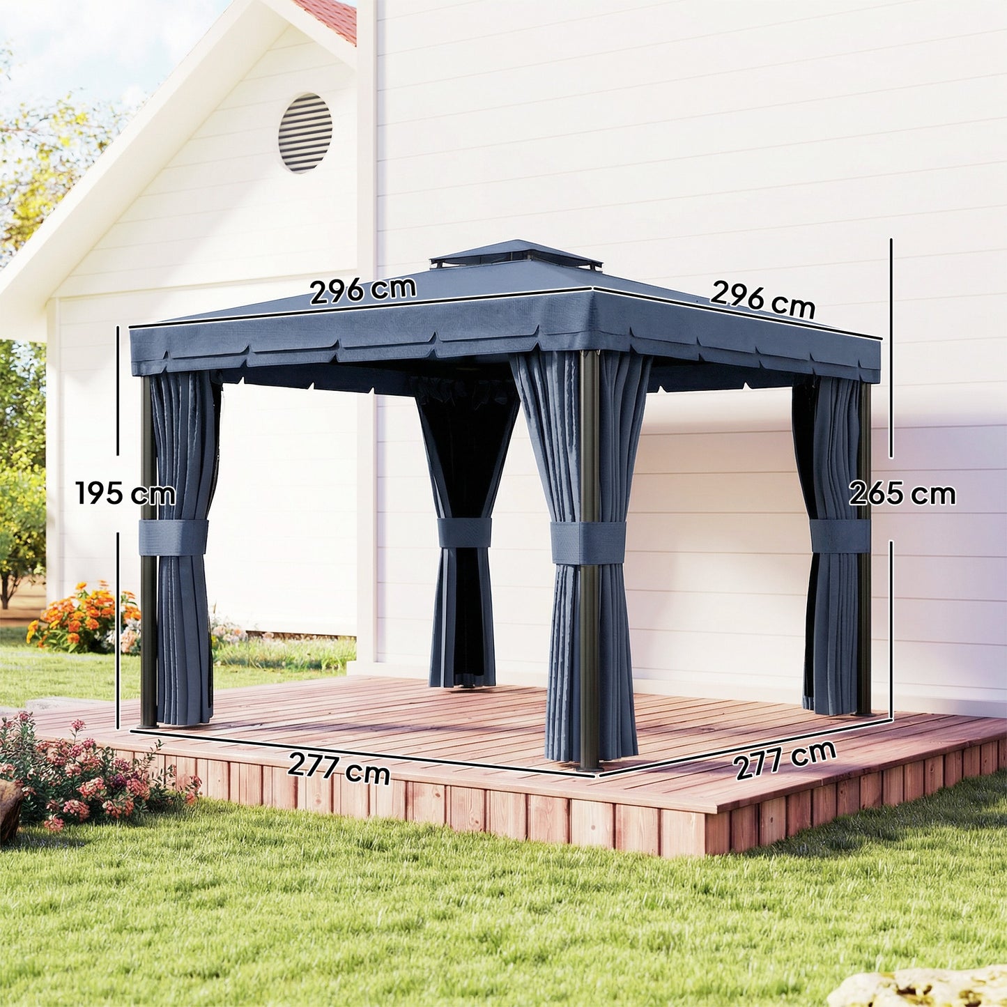 Outsunny 3 x 3(m) Patio Gazebo Canopy Garden Pavilion Tent Shelter Marquee with 2 Tier Roof, Netting and Curtains, Dark Blue