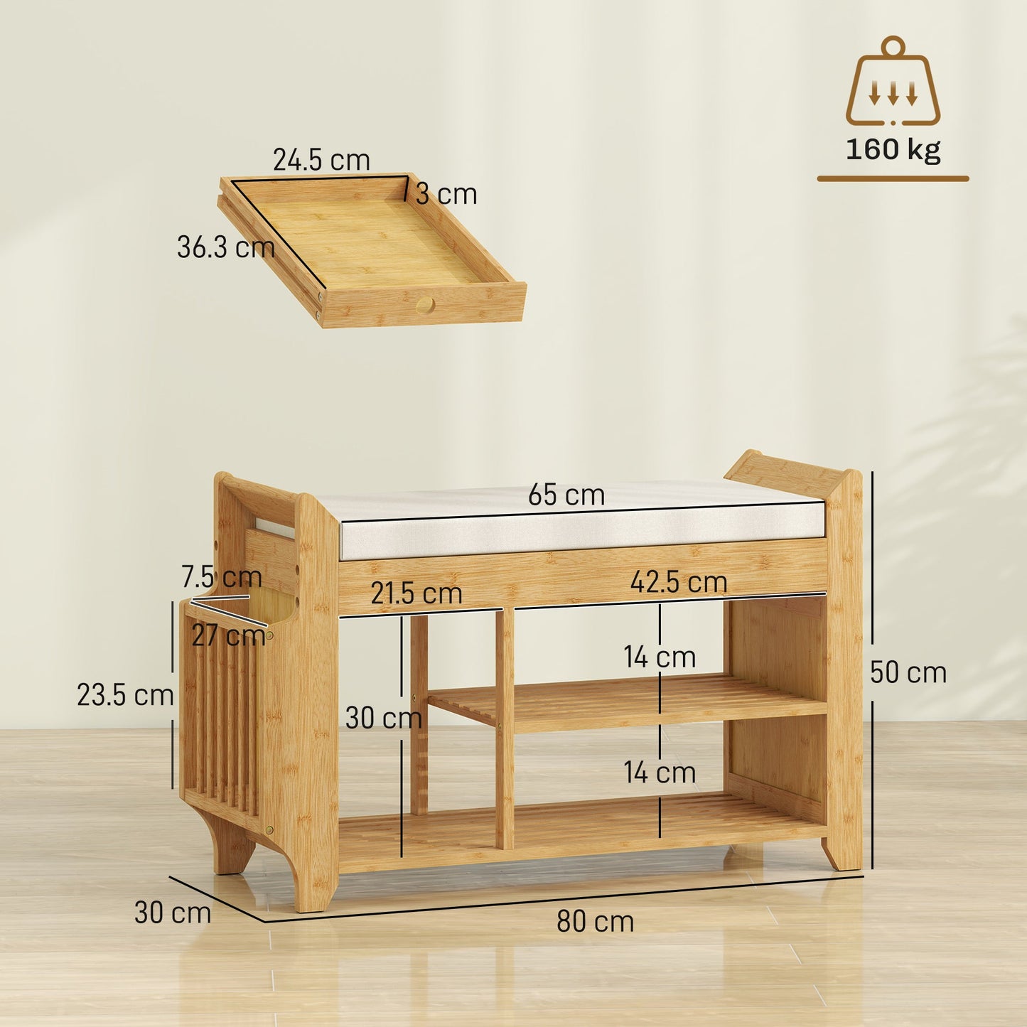 HOMCOM Shoe Bench 2-Tier Boot Section Entryway Storage Bench Cushioned Seat 100 x 30 x 50 cm Natural and Cream