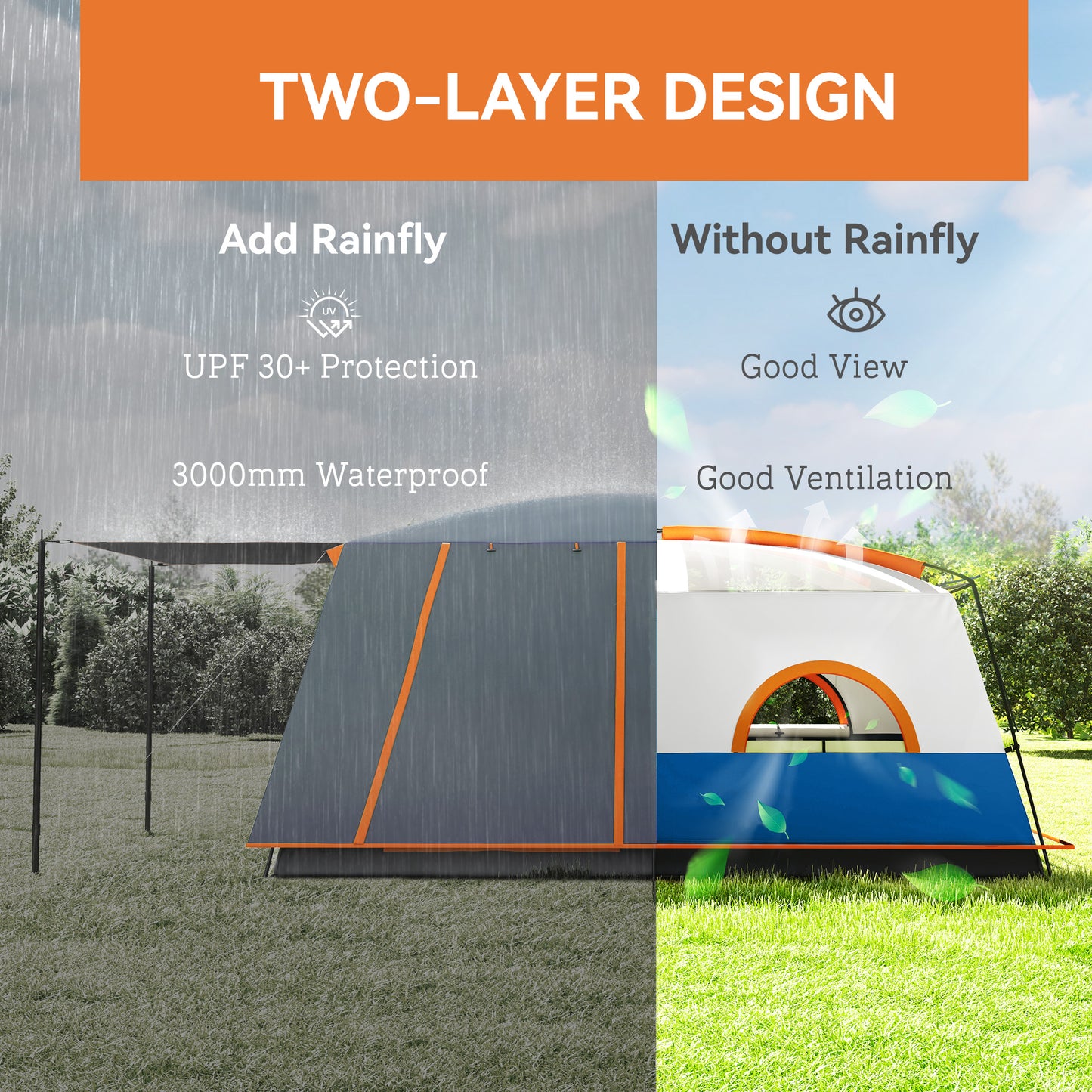Outsunny 4-6 Man Camping Tent, Double Layer Tunnel Tent with Porch, Living Area and 2 Bedrooms, Sewn in Groundsheet, 3000mm Waterproof and UPF 30+, Portable with Bag, Blue