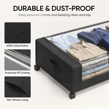 HOMCOM 40L Under Bed Storage On Wheels Pack of 2, Fabric Rolling Under Bed Drawers with Clear Lid, Zip, Steel Frame, Black