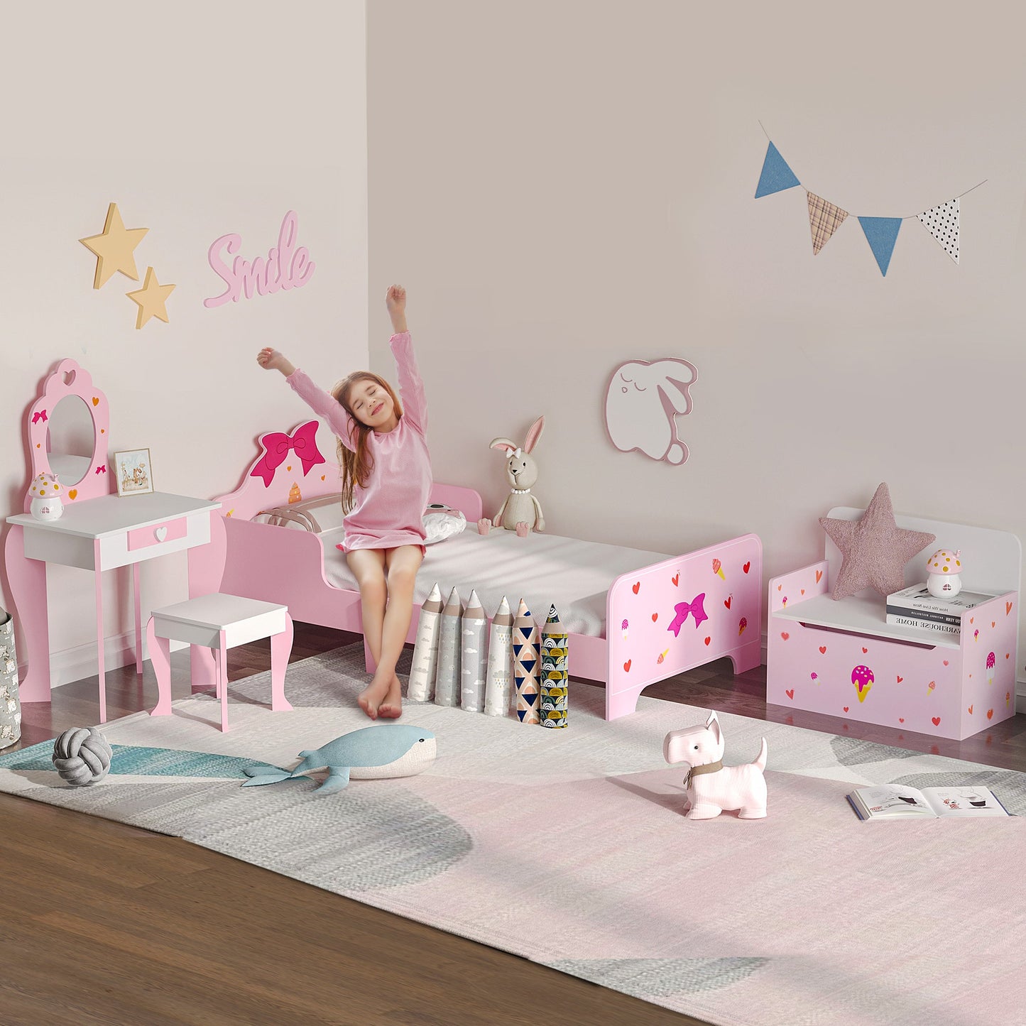 ZONEKIZ 4PCs Kids Bedroom Furniture Set with Bed, Toy Box Bench, Dressing Table and Stool, Princess Themed, for 3-6 Years Old, Pink