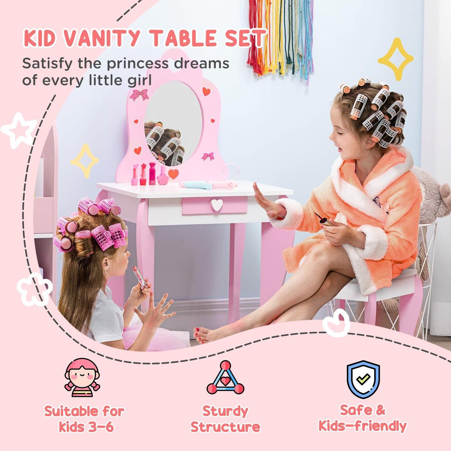 ZONEKIZ Kids Dressing Table Set Kids Vanity Set Girl Makeup Desk with Mirror Stool Drawer Cute Patterns for 3-6 Years Old, Pink