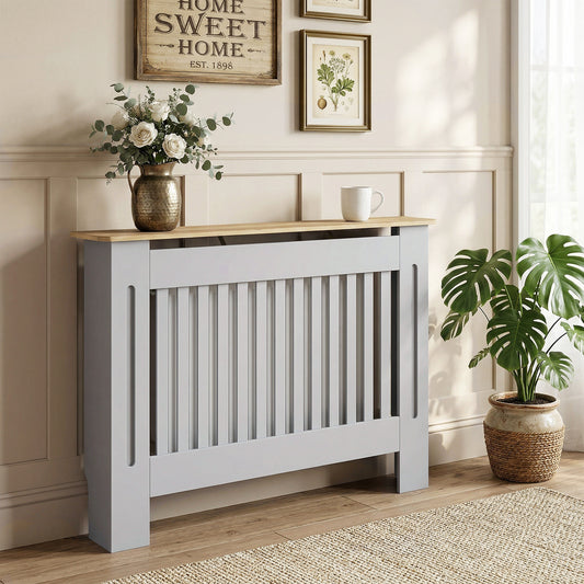 HOMCOM Slatted Radiator Cover, Painted Cabinet with Line Grill Design, 112L × 19W × 81H cm, Grey