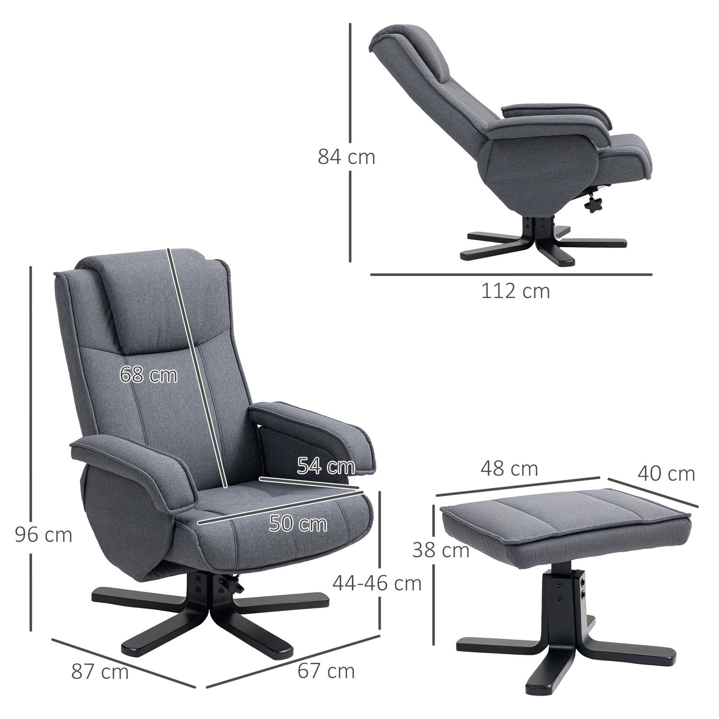 HOMCOM Rocker Swivel Recliner Chair with Footstool - Charcoal Grey Linen