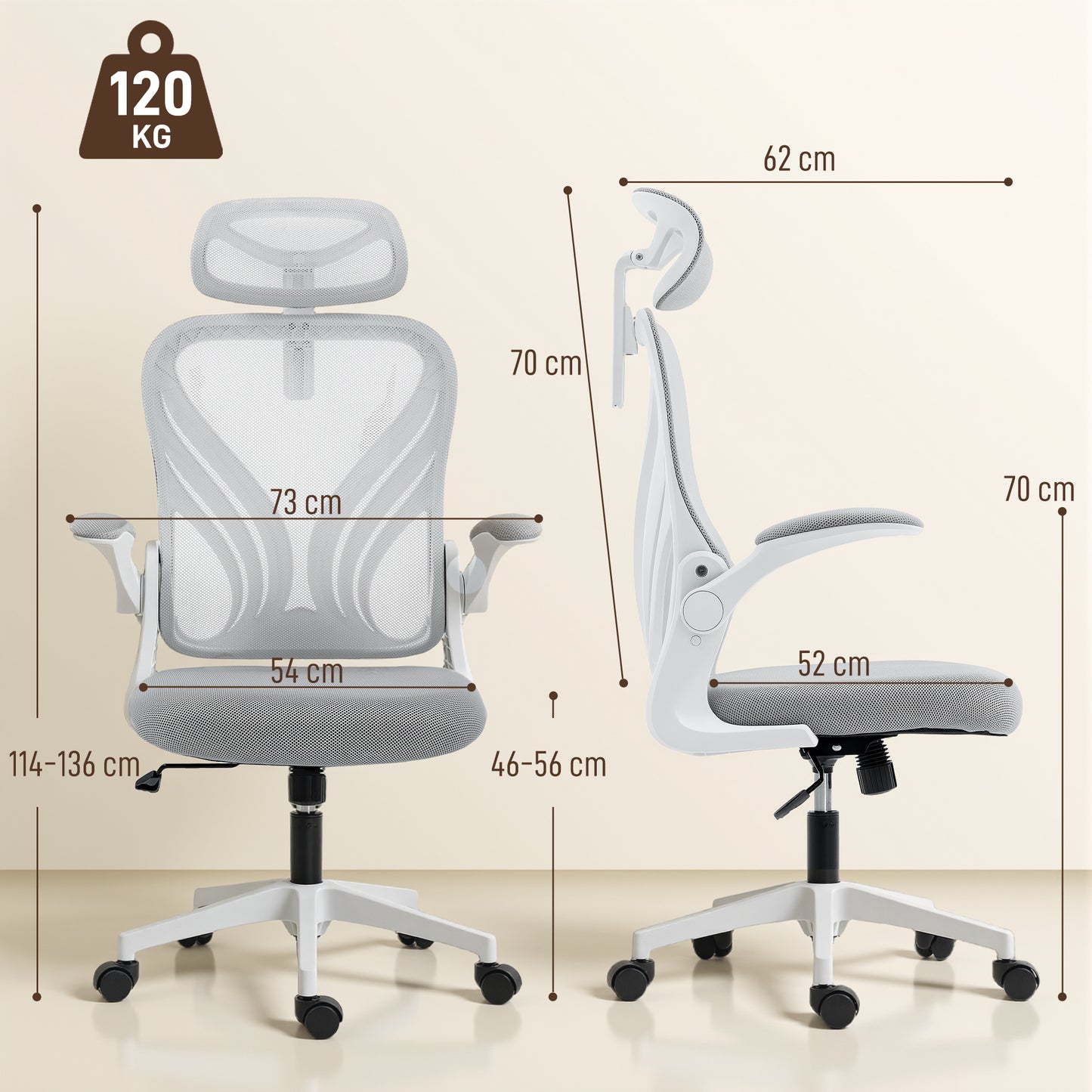 HOMCOM Ergonomic Office Chair with Foldable Backrest, 2D Headrest - Light Grey
