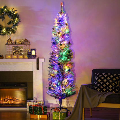 HOMCOM 6' Artificial Prelit Christmas Trees Holiday DÃ©cor with Colourful LED Lights, Flocked Tips, Berry, Pine Cone