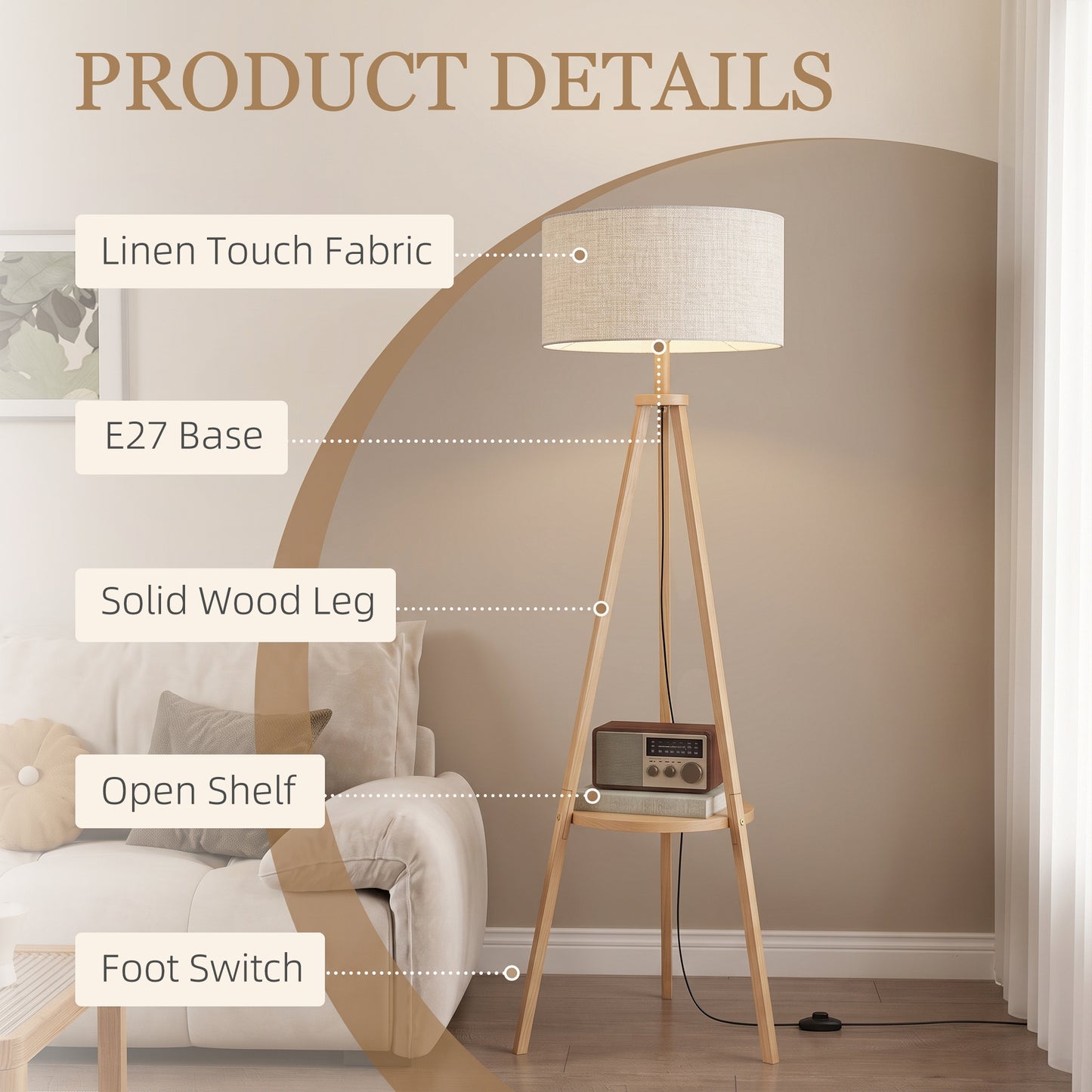 HOMCOM Bedside Light, Tripod Floor Lamp with Storage Shelf and Linen Shade for Living Room, 160cm, Natural Wood Colour