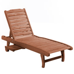 Outsunny Outdoor Wooden Lounger Chair, Sun Bed with Built-In Table, Adjustable Backrest and Wheels, Red Brown