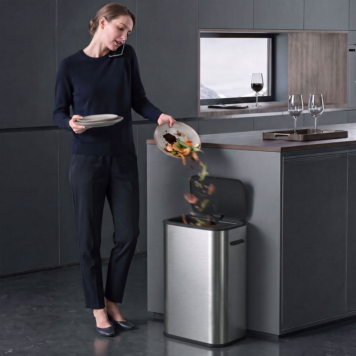 HOMCOM 55L Sensor Bin for Kitchen, Touchless Automatic Waste Rubbish Bin, Stainless Steel, Battery Operated, Silver Tone