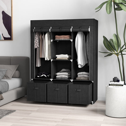HOMCOM Foldable Fabric Wardrobe for Bedroom, Portable Wardrobe with 5 Shelves, 2 Hanging Rails and 3 Fabric Drawers, Black
