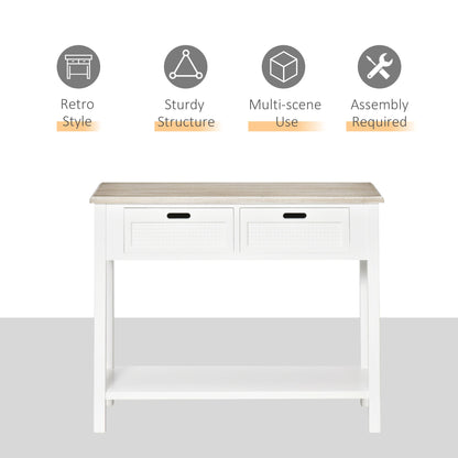 HOMCOM Console Table with 2 Drawers and Storage Shelf, Vintage Distressed Sofa Table for Hallway, Living Room, Bedroom, White