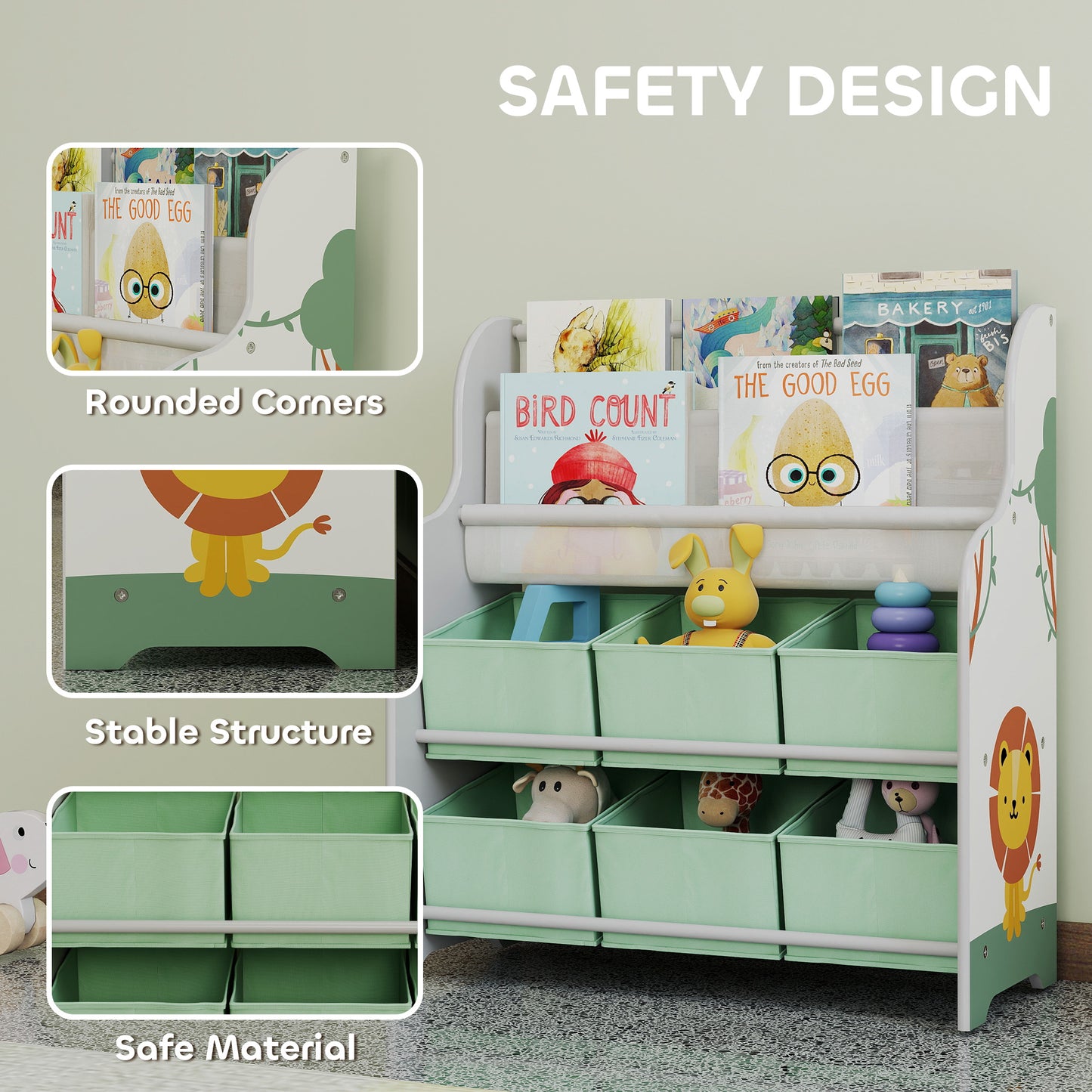 AIYAPLAY Kids Storage Unit, Toy Organiser with 6 Fabric Drawers and 2-Tier Sling Book Rack for Bedroom, Playroom, Nursery, Green