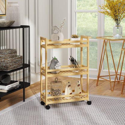 HOMCOM 3-Tier Bamboo Storage Trolley on Wheels with Handle for Kitchen, Office, Bathroom