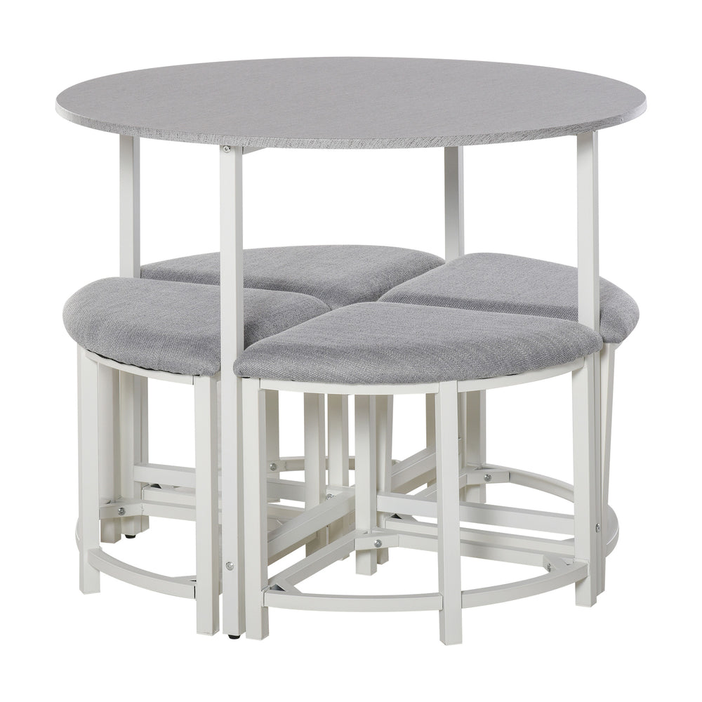 HOMCOM Modern Round Dining Table Set with 4 Upholstered Stools for Dining Room, Kitchen, Grey