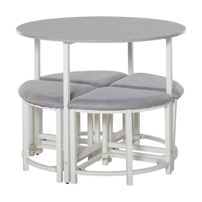 HOMCOM Modern Round Dining Table Set with 4 Upholstered Stools for Dining Room, Kitchen, Grey