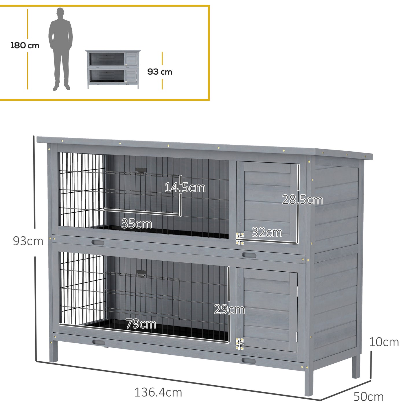 PawHut Rabbit Hutch Outdoor Guinea Pig Hutch Bunny Cage with No-Leak Trays, Divider, 136 x 50 x 93cm, Grey