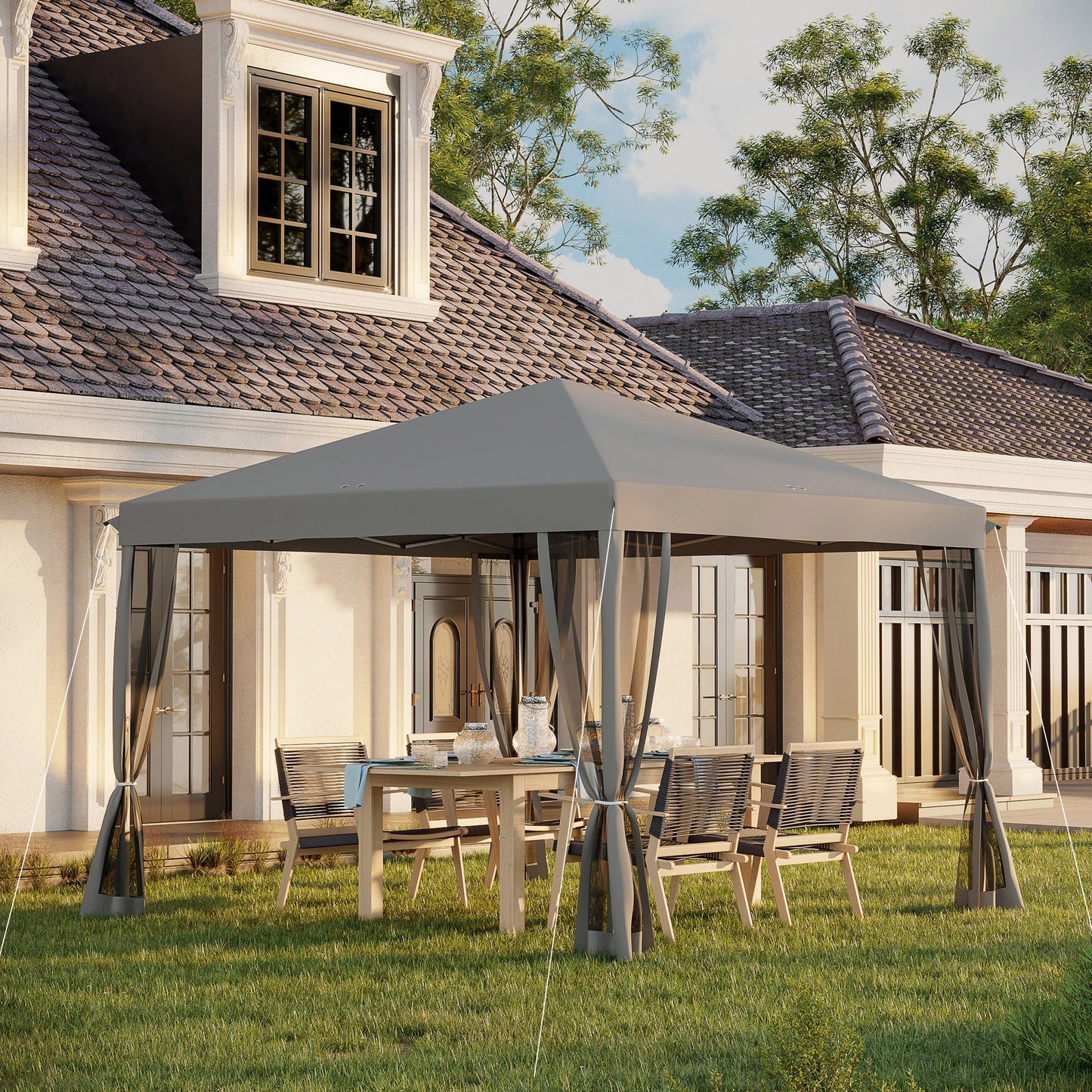 Outsunny 3 x 3√Ç m Pop Up Gazebo, 420D Garden Tent Canopy with Removable Mesh Sidewall Netting, Carry Bag for Garden Patio Outdoor, Light Grey