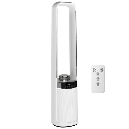 HOMCOM Bladeless Tower Fan, 36dB Standing Cooling Fan with Oscillating, LED Lights, 3 Speeds, 12H Timer, Remote Control