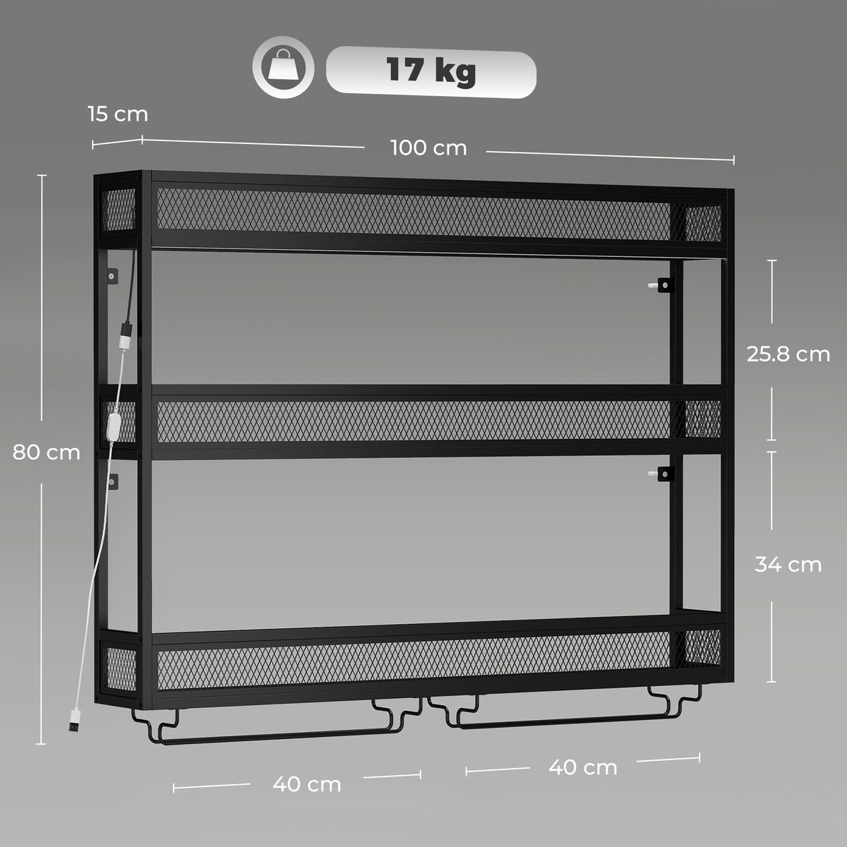 HOMCOM Wall-Mounted Wine Rack with LED Lights, Glass Holders, Open Shelf, Metal Storage Rack, Black