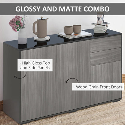HOMCOM High Gloss Side Cabinet, Push-Open Design with 2 Drawers and 2 Cabinets for Living Room, 74H x 117W x 36Dcm, Light Grey and Black
