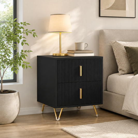 HOMCOM Elegant Fluted Bedside Table - Black/Gold-Tone