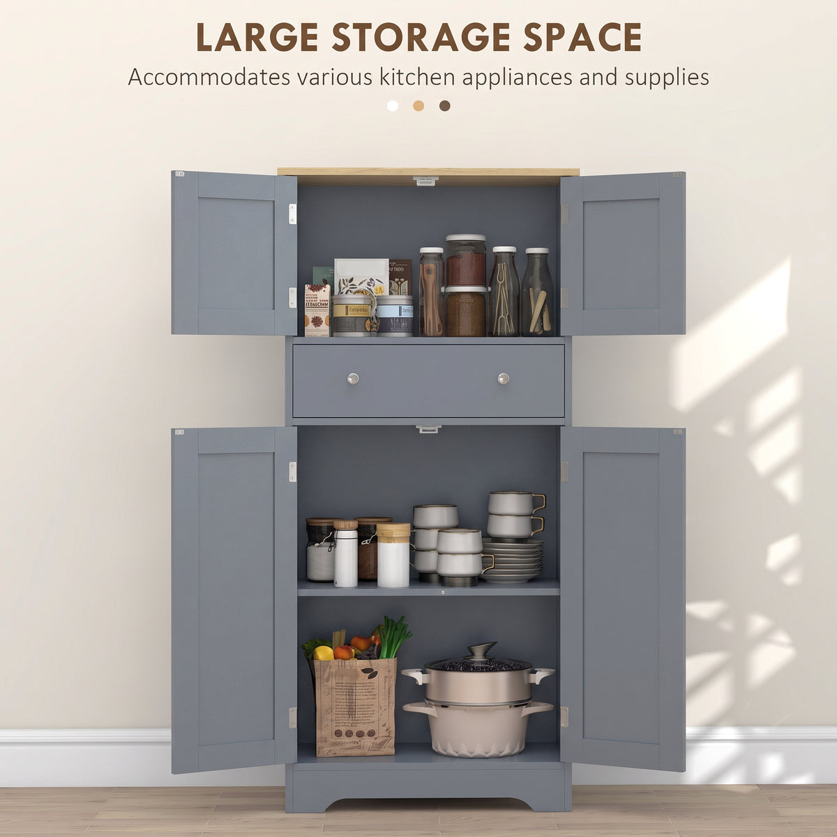 HOMCOM Kitchen Cupboard, Modern Freestanding Kitchen Storage Cabinet with Doors and Shelves, Grey Blue