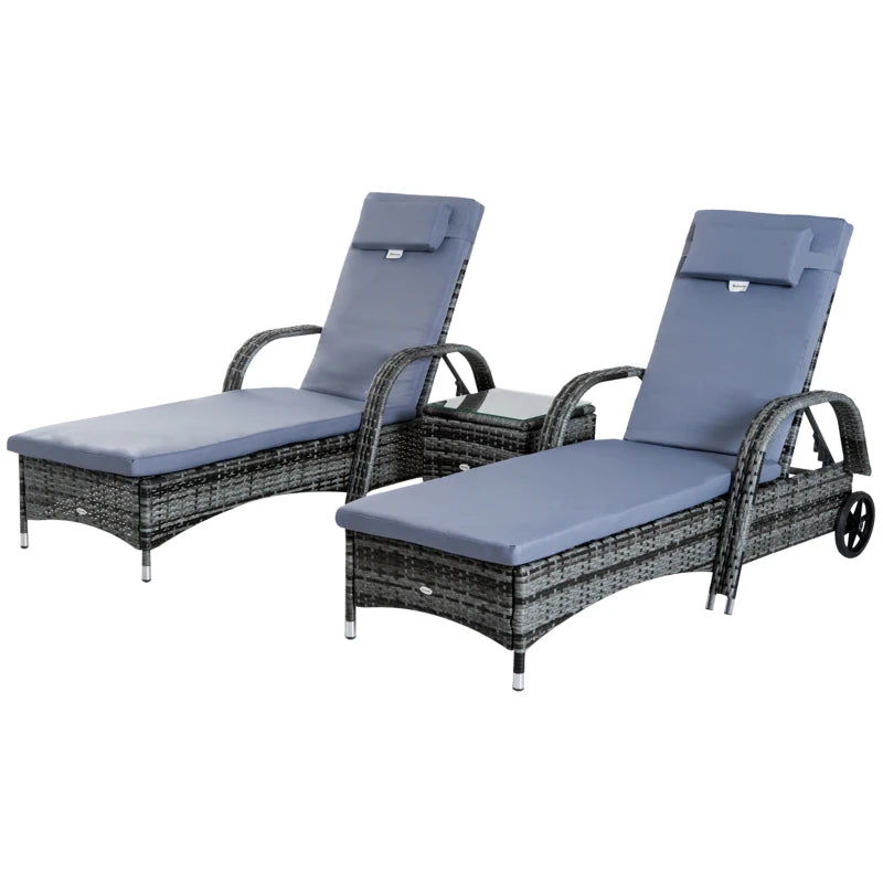 Boro 2 Seat Rattan Reclining Sun Lounger with Side Table Set Brown, Grey, Black