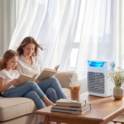 HOMCOM Air Cooler with Adjustable Head, Portable Air Conditioner with 3 Wind Speed, 2 Cool Mist, RGB Light, White