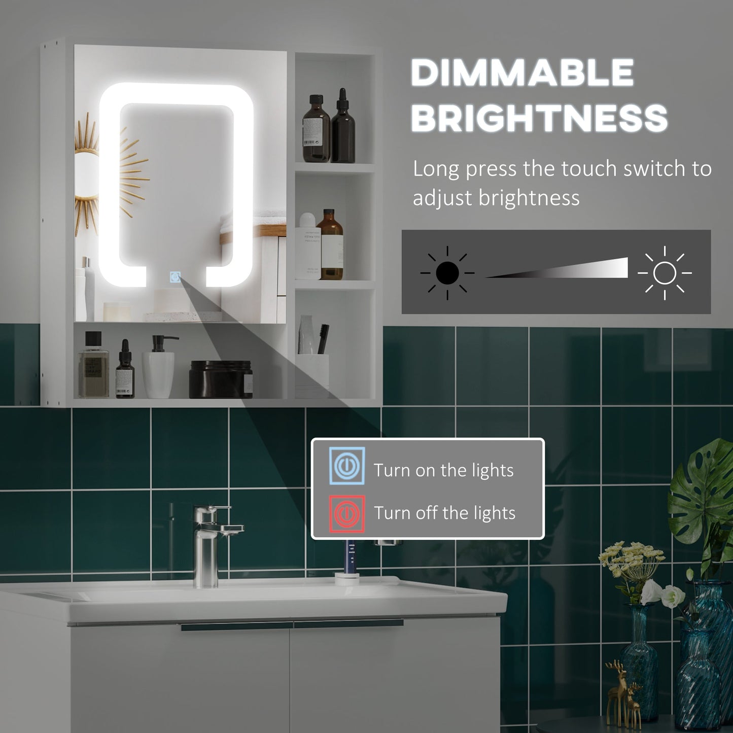 kleankin LED Illuminated Bathroom Mirror Cabinet, Wall Mount Storage Organizer with 4 Shelves, Dimmable Touch Switch, USB Charge