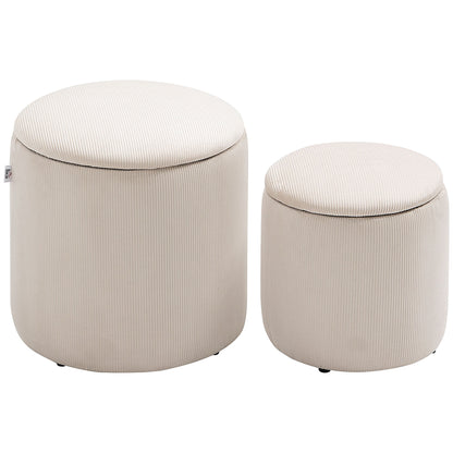 HOMCOM Set of 2 Round Ottoman with Storage, Fabric Vanity Stool for Makeup, Footrest Stool with Removable Lid for Living Room & Bedroom, Cream White