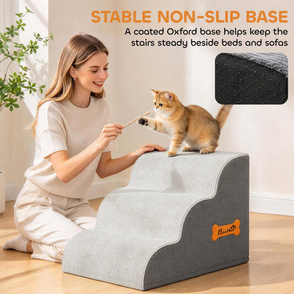 PawHut Dog Steps for Bed and Sofa, 3-Step Non-Slip Dog Stairs with Removable Washable Cover, Carry Handle, Light Grey