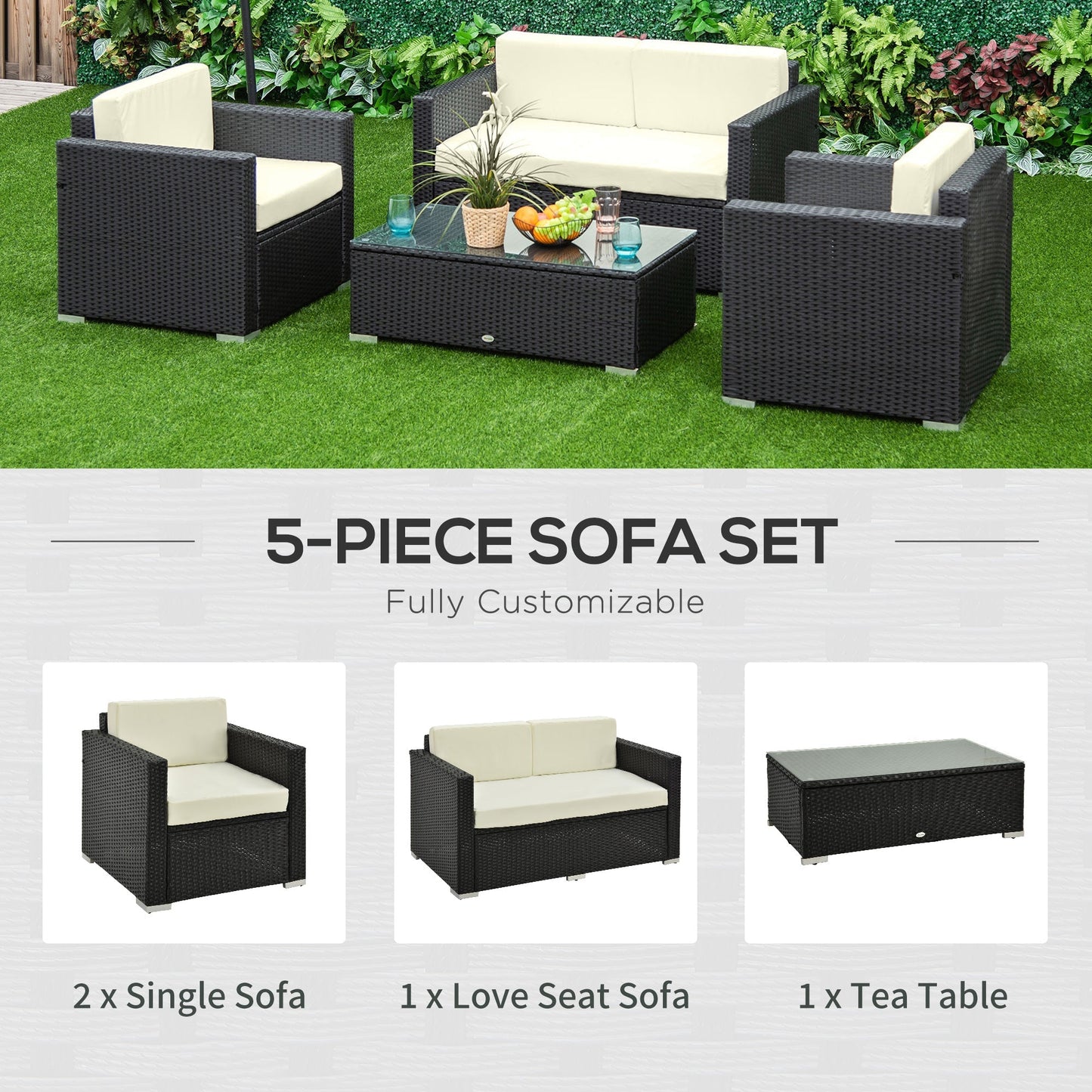 Outsunny 4-Seater Rattan Sofa Set Garden Rattan Furniture Wicker Steel Chair Seat Furniture Patio Rattan Garden Sofa Black