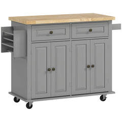HOMCOM Rolling Kitchen Island Storage Trolley with Rubber Wood Top & Drawers for Dining Room, Grey