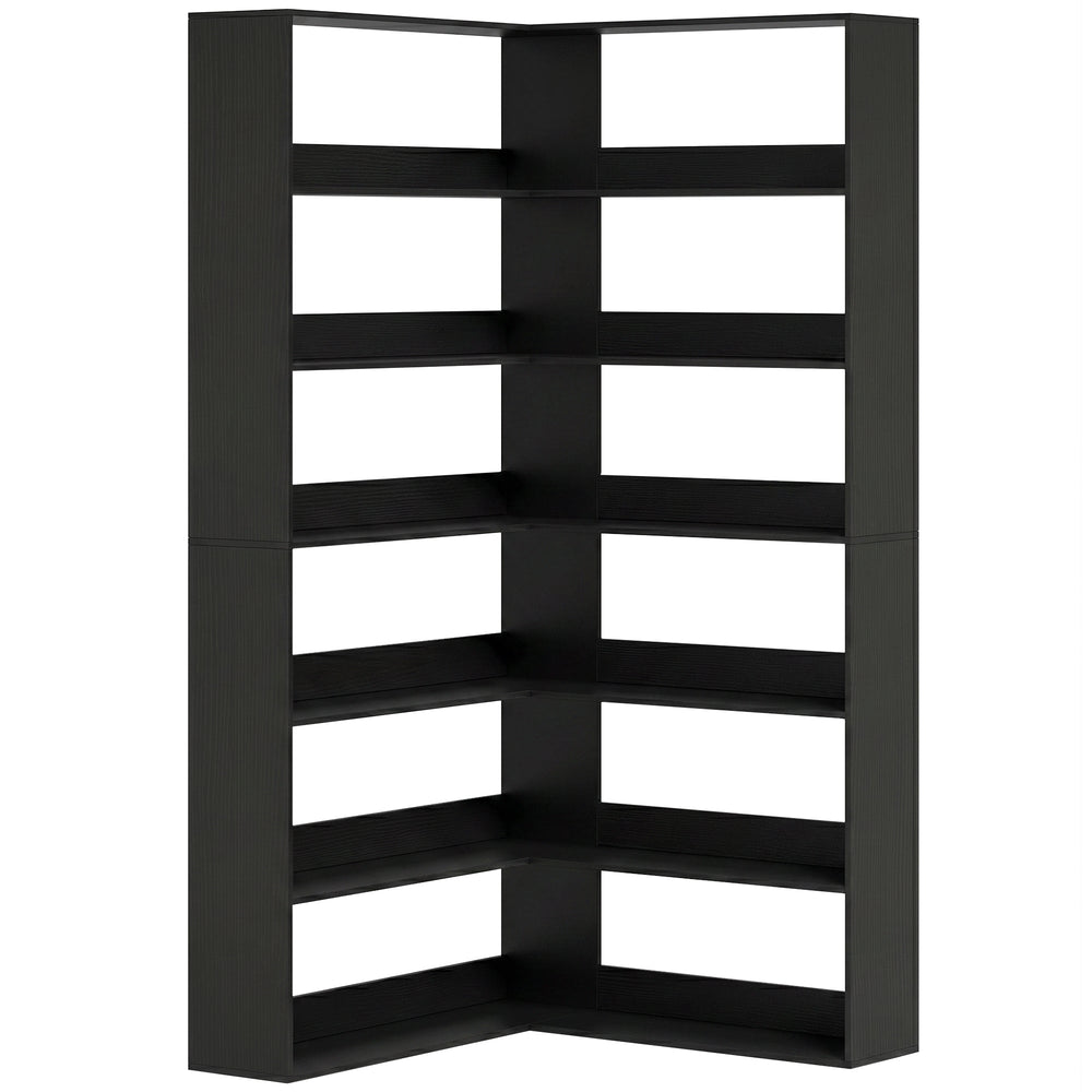 HOMCOM 7 Tiers Bookshelf, L-Shaped Corner Bookcase with Anti-Slip Rear Guard, Black Wood Effect