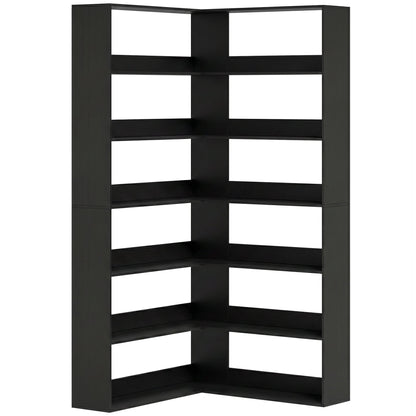 HOMCOM 7 Tiers Bookshelf, L-Shaped Corner Bookcase with Anti-Slip Rear Guard, Black Wood Effect