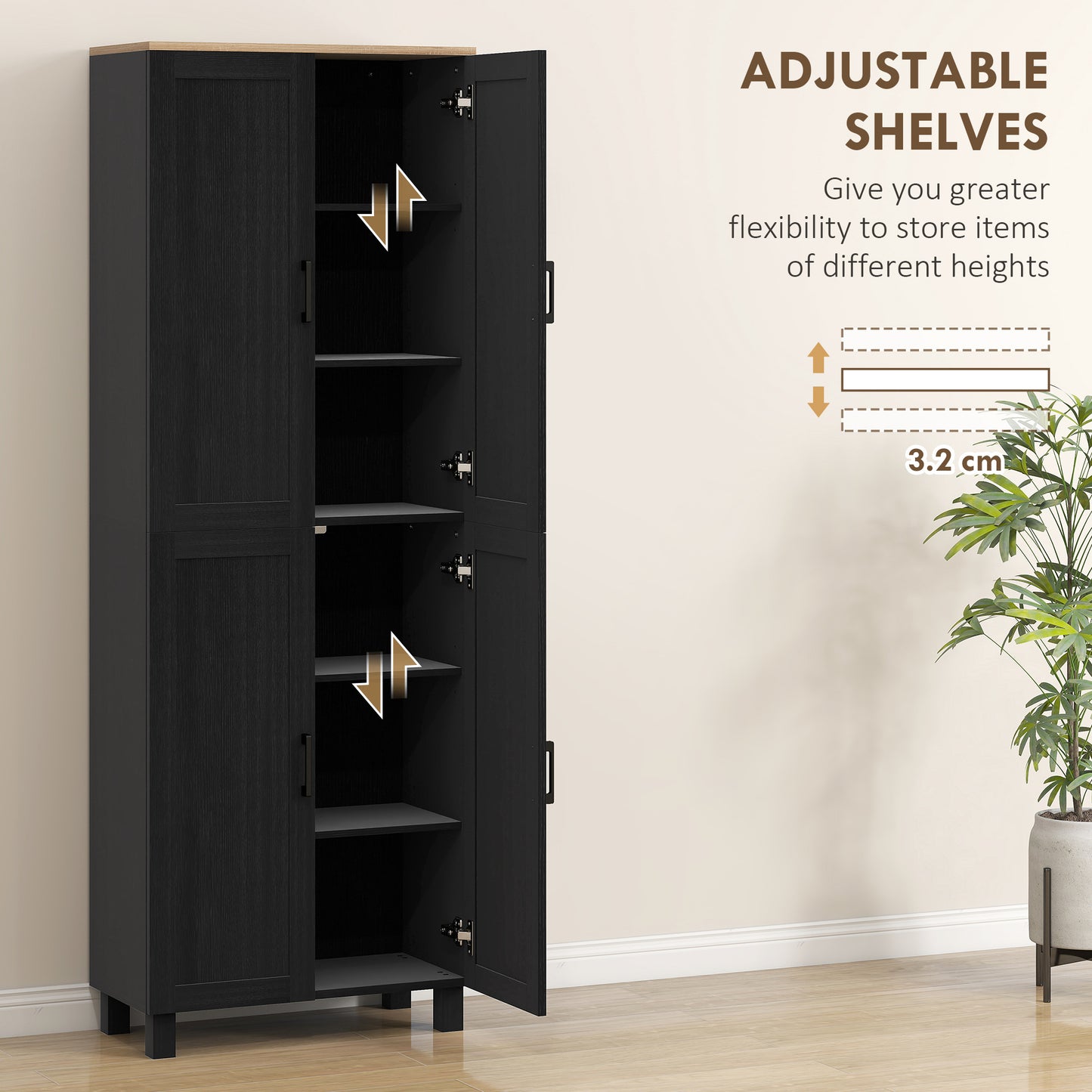 HOMCOM Freestanding Kitchen Cupboard, 4-Door Storage Cabinet with Adjustable Shelves, Modern Kitchen Pantry for Dining Room, 170cm, Black