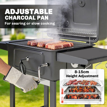 Outsunny Charcoal BBQ Grill with Adjustable Charcoal Pan, Large Barbecue Grill Smoker with Side Tables, Temperature for Outdoor